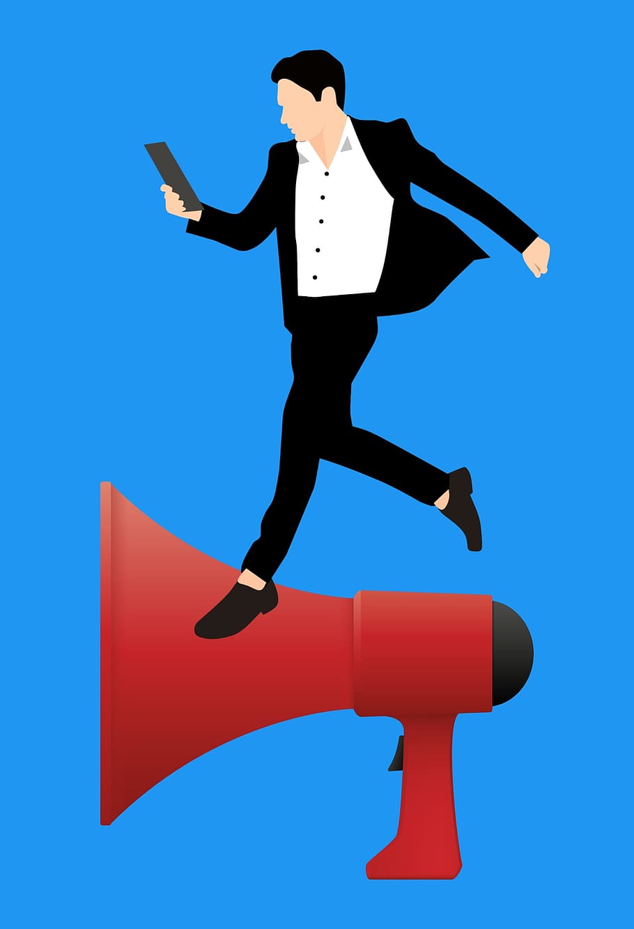marketing man, standing, megaphone., marketing, seo, campaign, businessman, tablet, young, adult