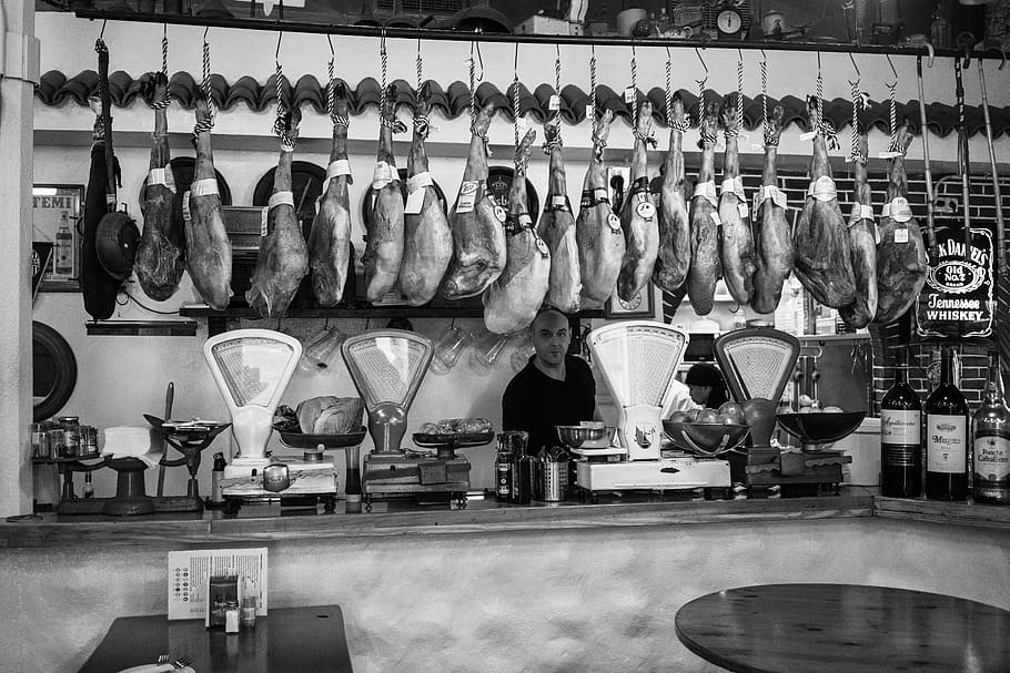 ham, spain, sale, market stall, food, traditionally, eat, air dried, delicious, tapas