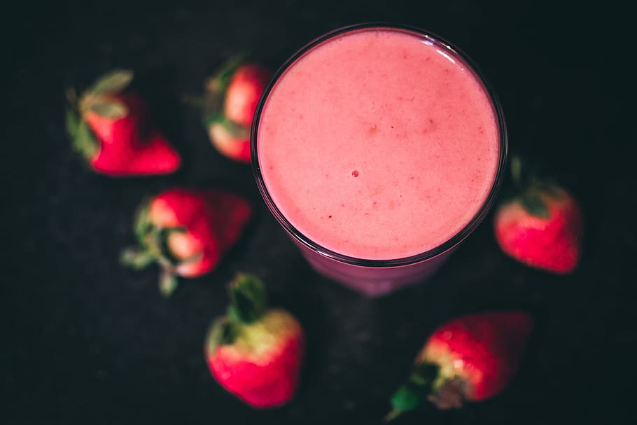 glass, strawberry, smoothie, healthy, drink, food, fruit, dark, background, pink color