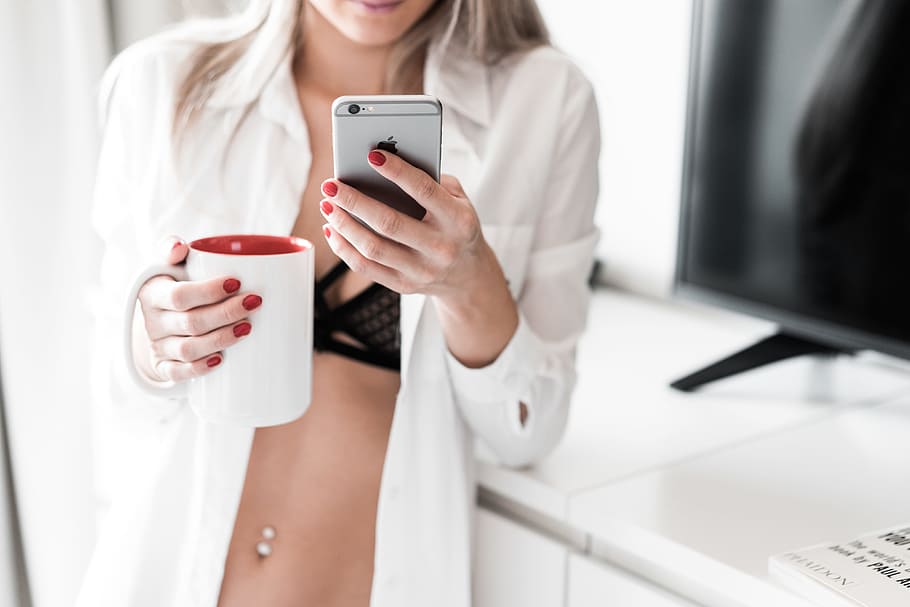 woman, using, smartphone, home, beauty, bedroom, body, business, coffee, coffee cup