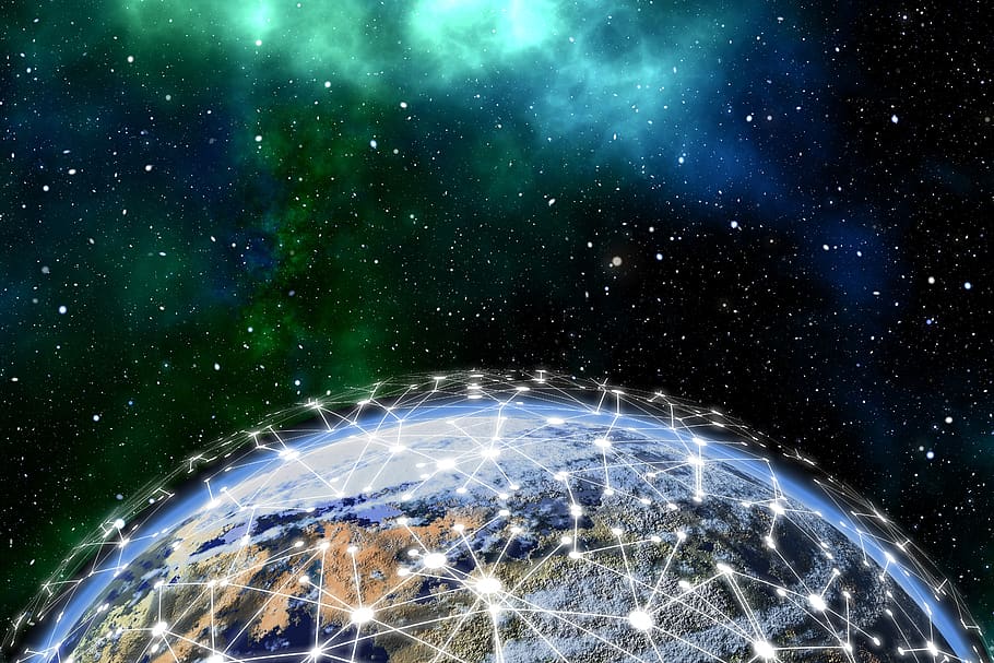 rede, terra, cadeia de blocos, globo, digitalização, comunicação, em todo o mundo, conexão, tecnologia, estrela