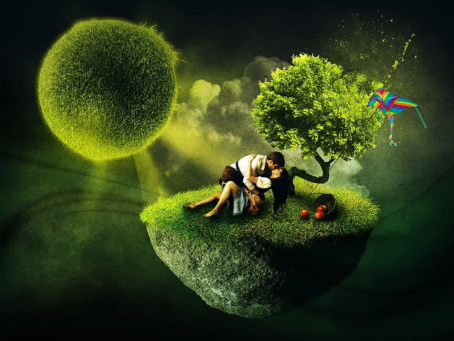 cinta, cerita, kekasih, pasangan, alam, hijau, tanaman, pohon, dua orang, warna hijau