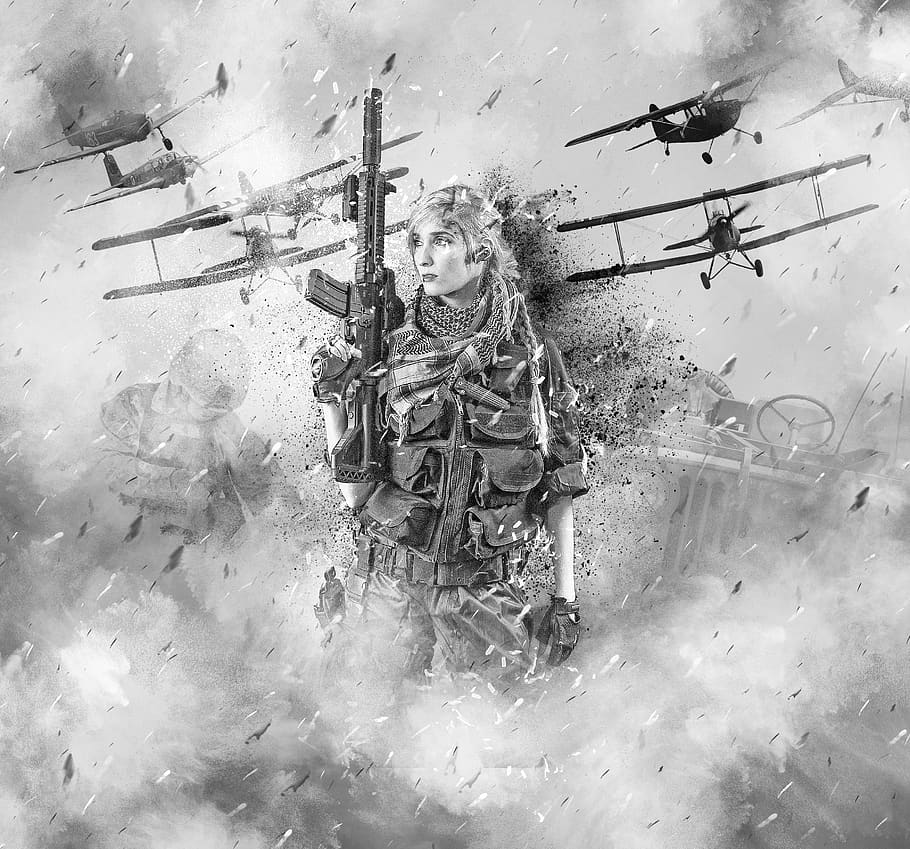 war, soldier, woman, female, person, human, planes, military, army, battle