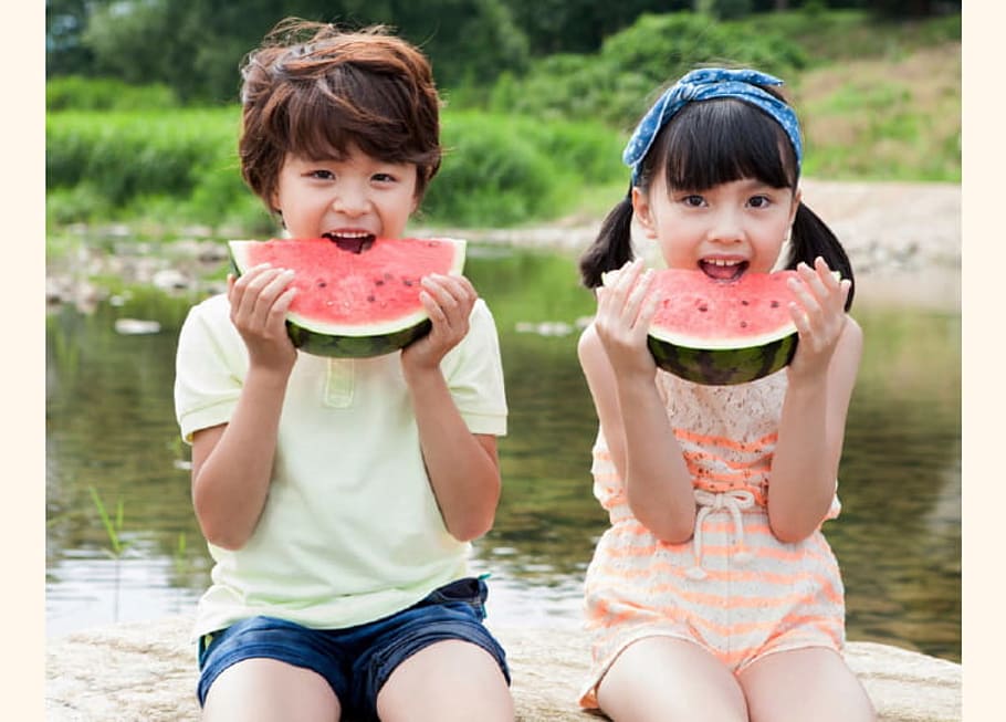 iii, child, childhood, food and drink, looking at camera, girls, food, offspring, watermelon, wellbeing