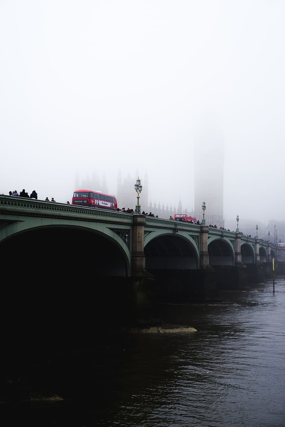 architecture, bridge, buildings, bus, daylight, fog, foggy, landmark, landscape, london