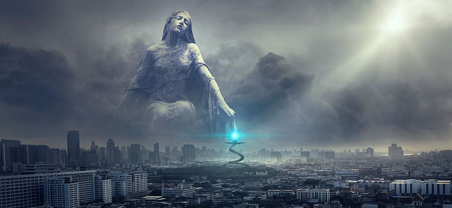 fantasy, city, statue, light, clouds, blessing, sun, gloomy, dramatic, fantastic