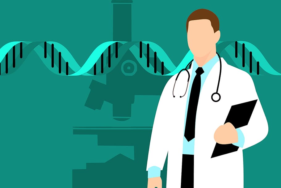Ilustración, científico de ADN, médico, laboratorio., análisis, hospital, genético, ADN, laboratorio, científico