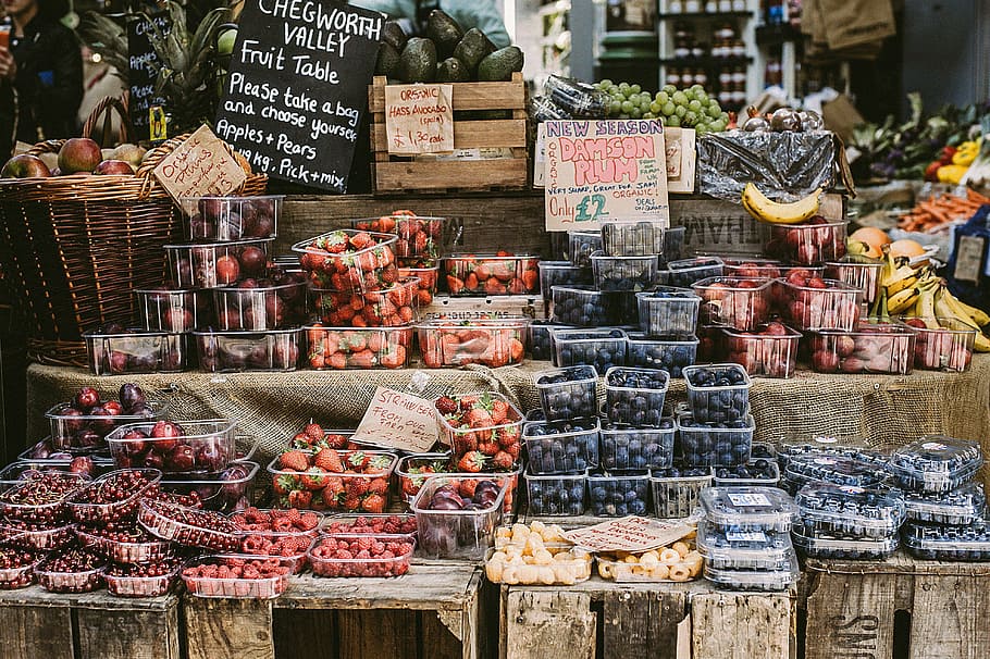 buah, pasar, kios, organik, segar, makanan, stroberi, plum, ceri, apel
