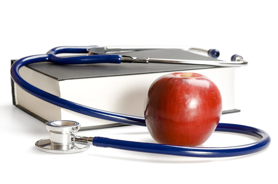 stethoscope, advice, apple, food, exam, fruit, test, isolated, hear, background