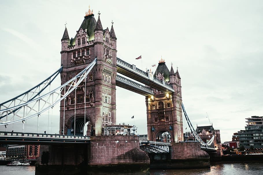 jembatan menara london, matahari terbenam, diterangi, lampu, arsitektur, jembatan, Inggris, ibukota, awan, jembatan gantung