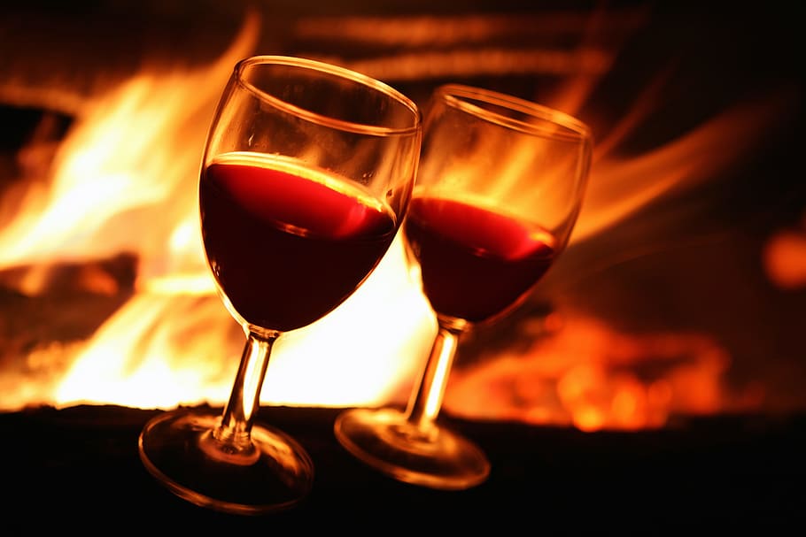 wine, glasses, fire, alcohol, beverage, bonfire, burn, celebration, classical, close-up