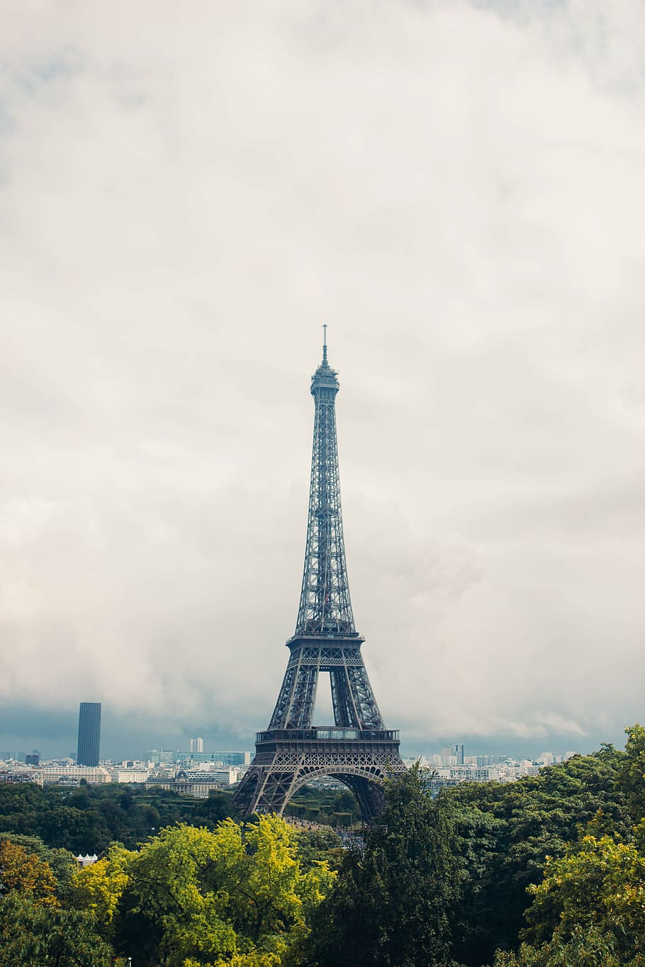 eiffel tower, surrounded, trees, cloudy, day, arc, architectural, architecture, bridge, bright