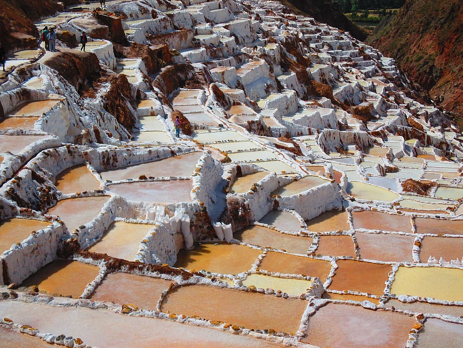 peru, salt, mountain, color, terraces, high angle view, day, nature, outdoors, architecture