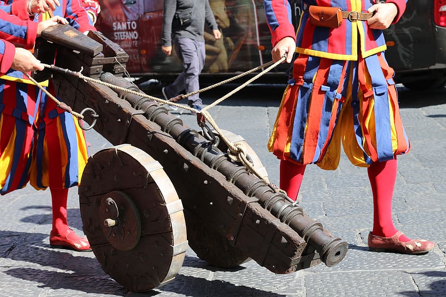 cannon, renaissance, festival, medieval, italy, costume, parade, street, group of people, city