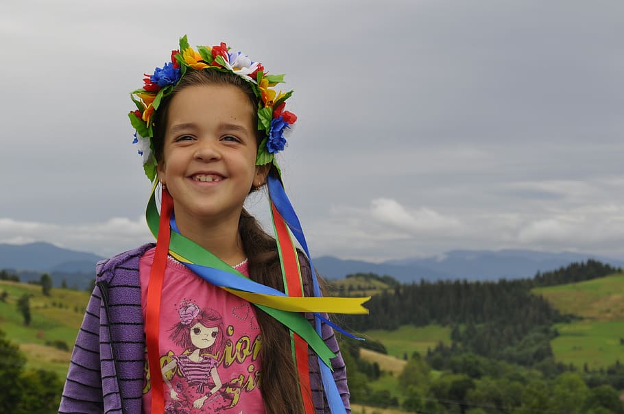 ukraine, the carpathians, girl, wreath, childhood, portrait, child, smiling, front view, one person