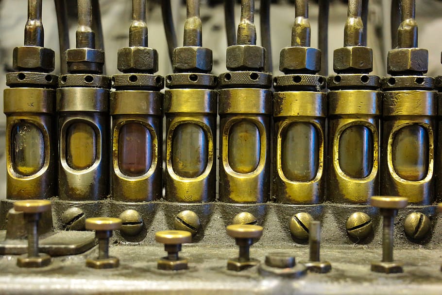 machine part, old, oily, technology, historically, close-up, in a row, metal, indoors, side by side
