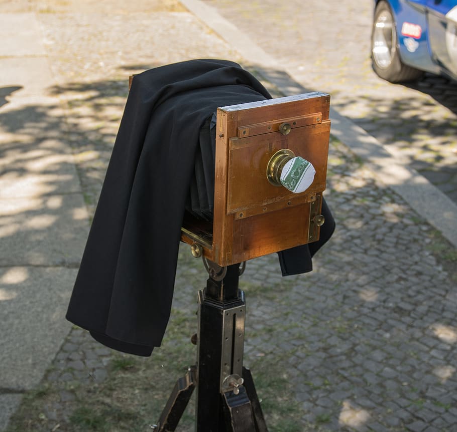 cámara, cámara de placa, antigua, analógica, históricamente, vintage, día, enfoque en primer plano, al aire libre, madera - material