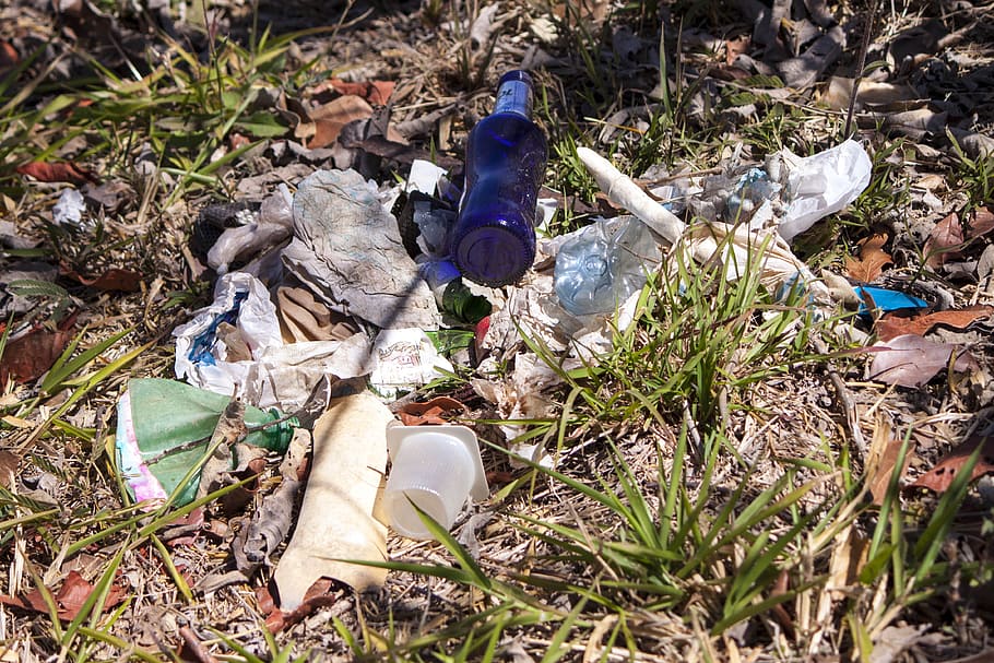 garbage pile, garbage, pollution, rubbish, waste, refuse, nature, green, background, blue