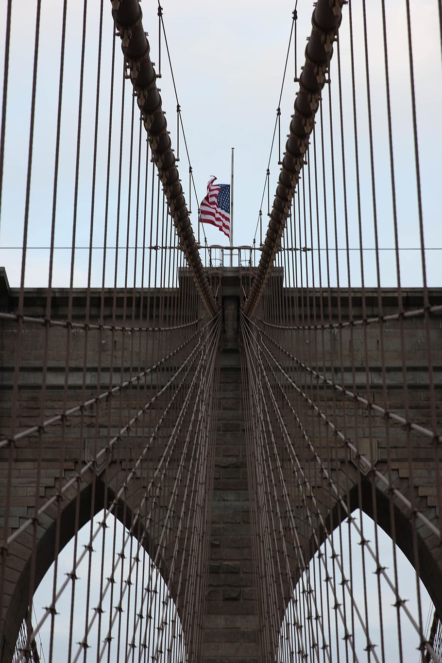 american flag, fluttering, tower, suspension bridge, america, american, architecture, blue, cityscape, flag