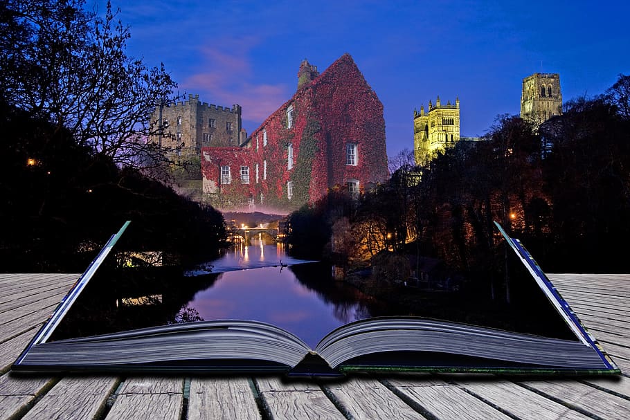 Durham, desenhar, rio, livro, velho, norte, cidade, arquitetura, construção, exterior do edifício
