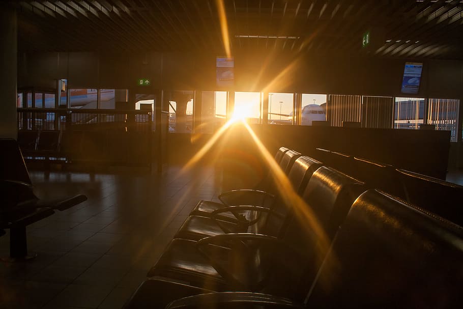 air, port, plane, waiting, lounge, seats, chairs, lens flare, sunlight, indoors