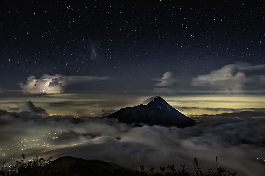 volcano, merapi, starry sky, asserted, thundercloud, city lights, yogyakarta, java, indonesia, scenics - nature