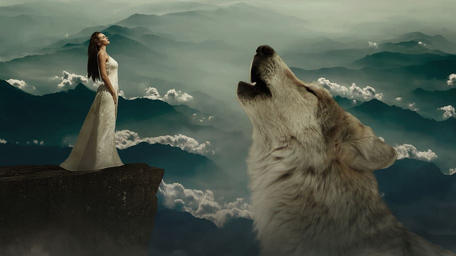 wolf, woman, fantasy, rock, fairy tales, dream world, composing, fantasy picture, animal, mystical
