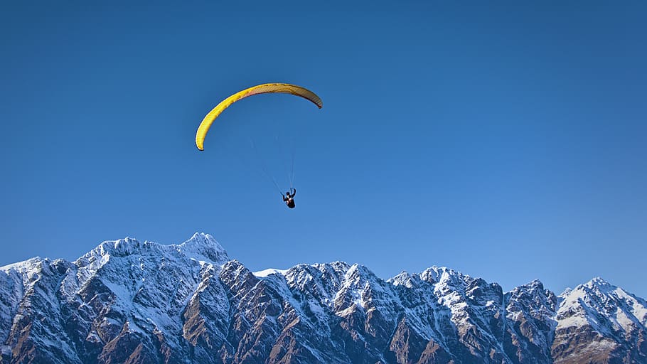 blue, sky, mountain, valley, snow, winter, cold, sport, paragliding, people
