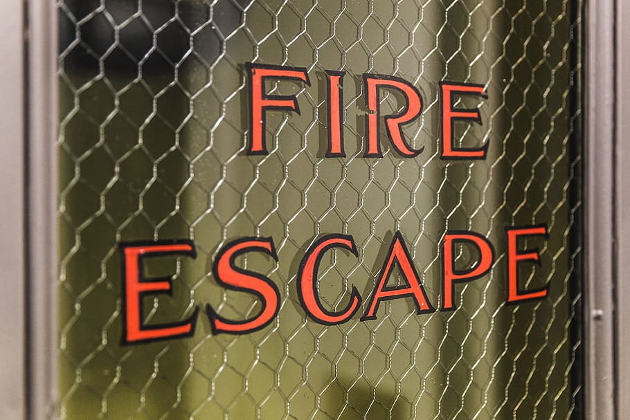 close, fire, escape, written, glass pane, door, utility, aid, break glass, hallway