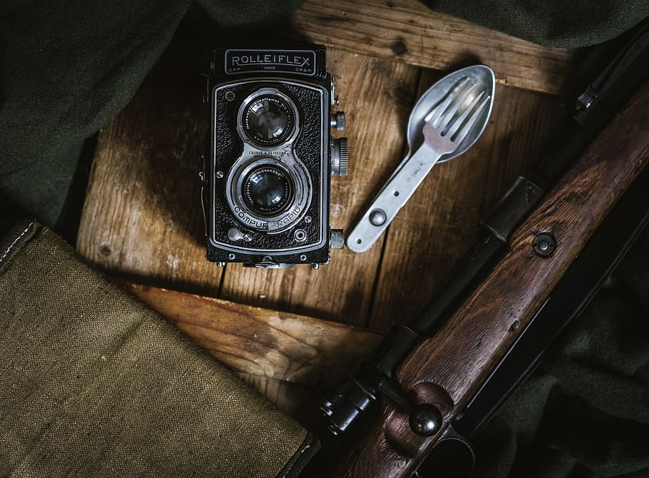 vintage, camera, wood, spork, fork, spoon, rifle, gun, weapon, old