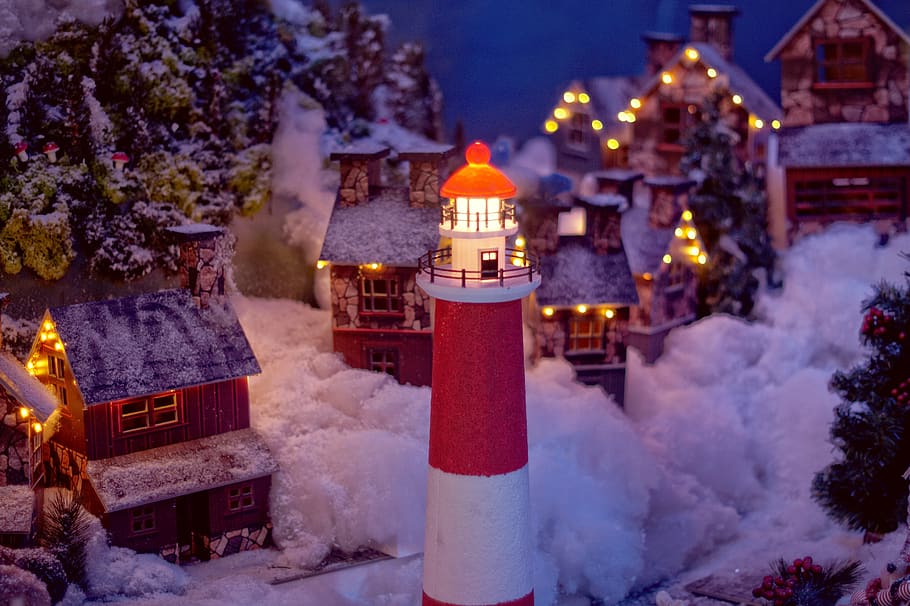 christmas background, showcase, decor, christmas, lighthouse, winter, snow, winter landscape, illuminated, night