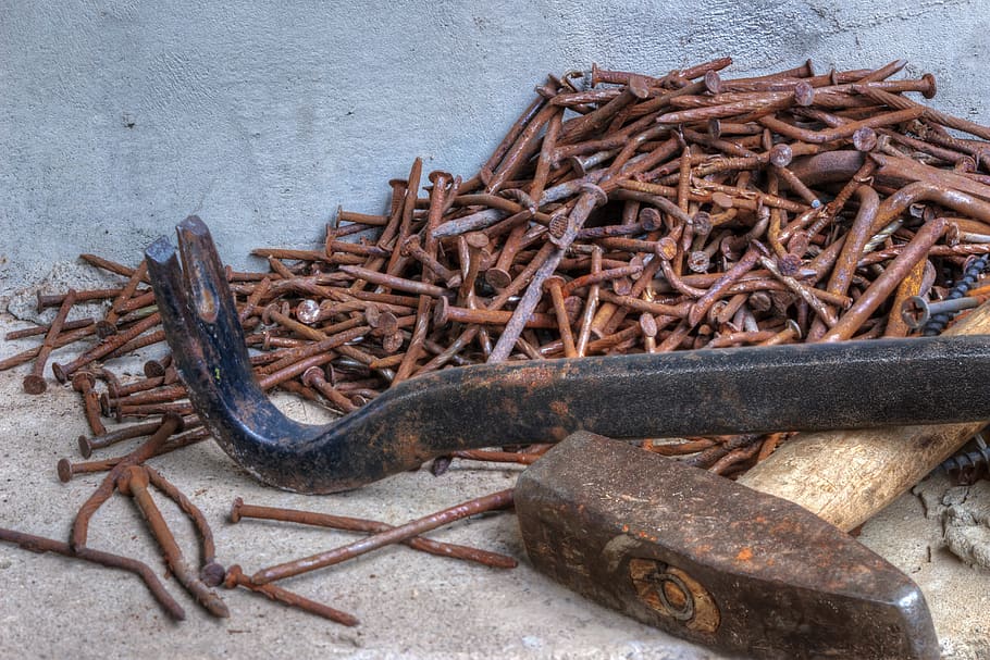nails, hammer, scrap, carpenter, dismantling, rusty, tools, work, old metal, rusty nails