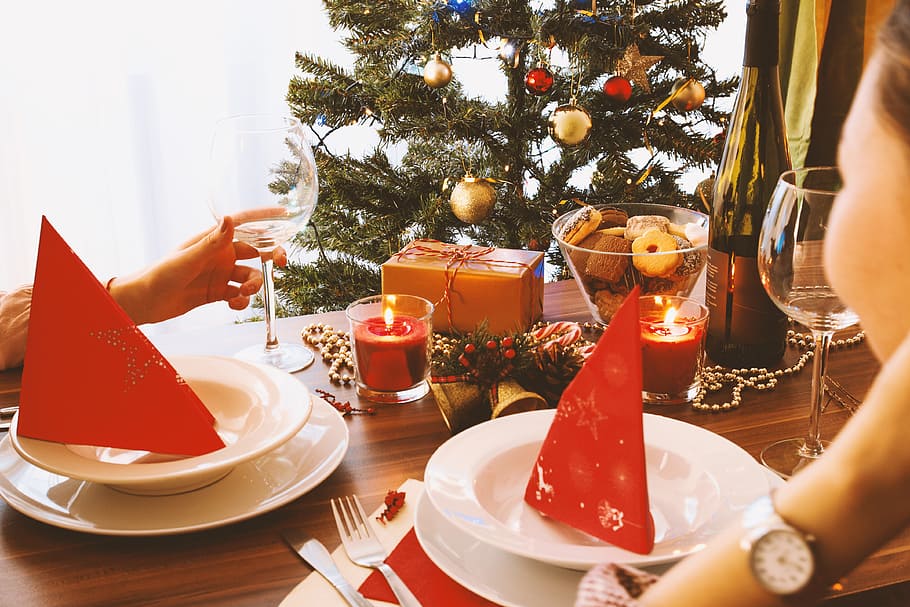 Natal, keluarga, makan malam, meja, konsep, pohon, perayaan, makanan dan minuman, pohon natal, liburan