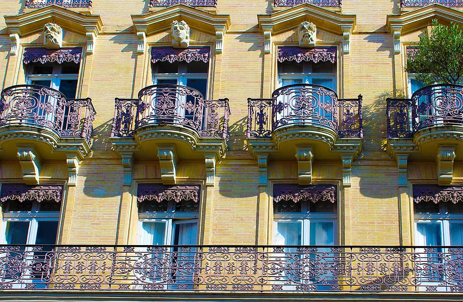 warna-warni, neoklasik, fasad, -, toulouse, perancis, besi, jendela, balkon, arsitektur