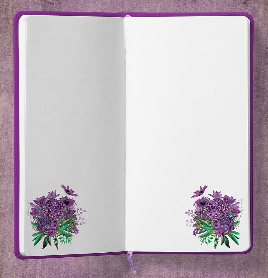 diario, ramo, flores, fondo, púrpura, nota, escribir, álbum de recortes, libro, vacío