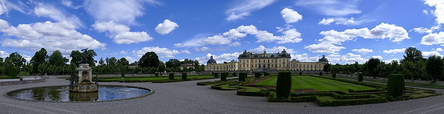castle, garden, drottningholm, sky, clouds, panoramic, palace, stockholm, sweden, yk