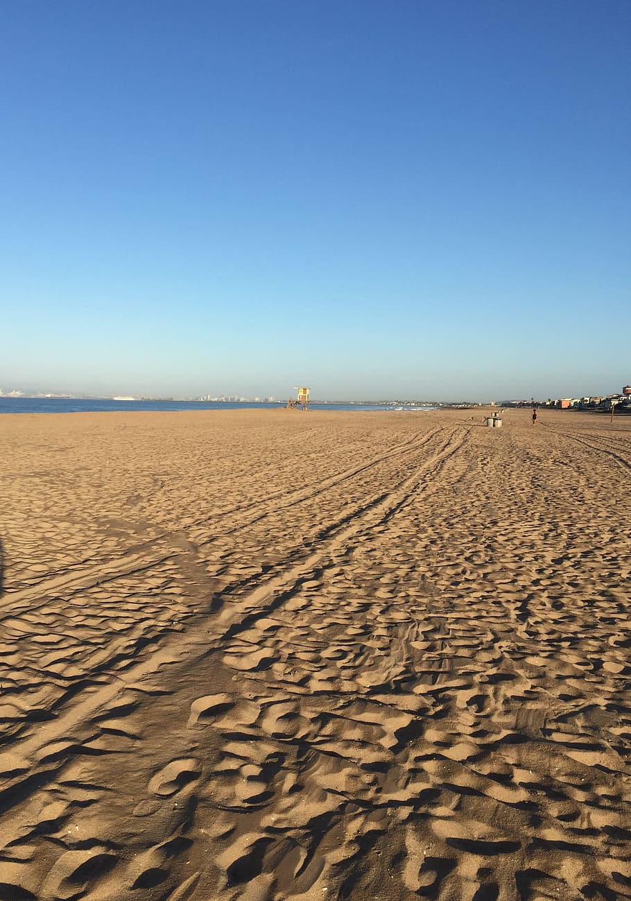 Califórnia, Huntington Beach, céu azul, azul, céu, areia, faixas, mínimo, terra, paisagens - natureza