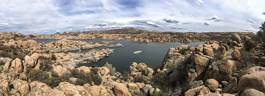 dramatic, view, granite dells, formations, surrounding, watson lake, arizona., Arizona, Climbing, Clouds