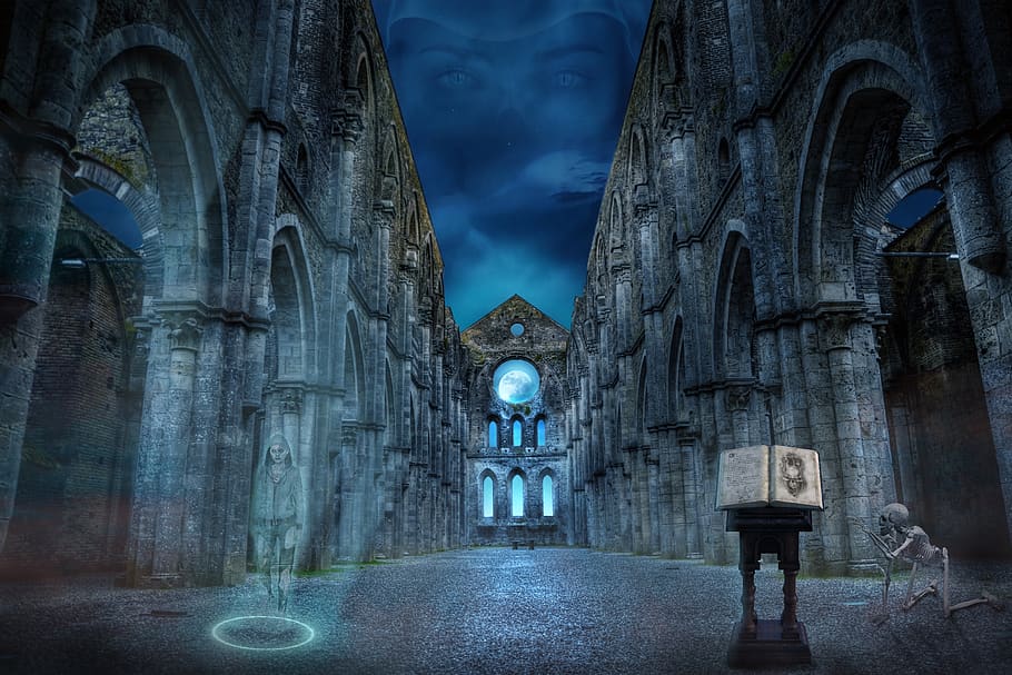 fantasy, ruins, gothic, dark, mystery, horror, light, mysterious, architecture, built structure