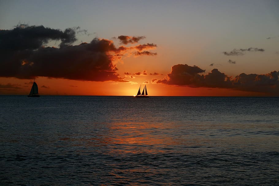 barbados, sunset, tropical, beach, evening, ocean, sailboat, caribbean, vacation, water