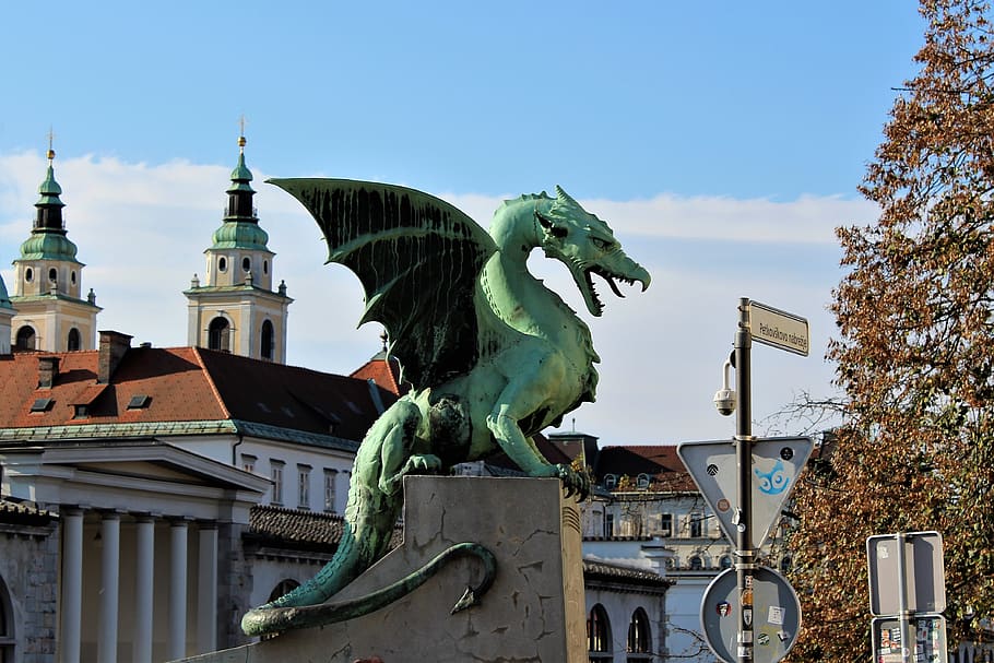 dragon, statue, ljubljana, autumn, europe, slovenia, architecture, built structure, building exterior, sculpture