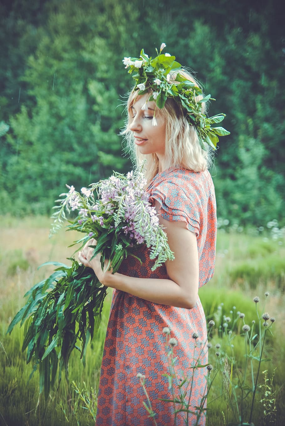 bouquet, field, on the nature, wreath, flowers, forest, summer, russian image, slavs, russians