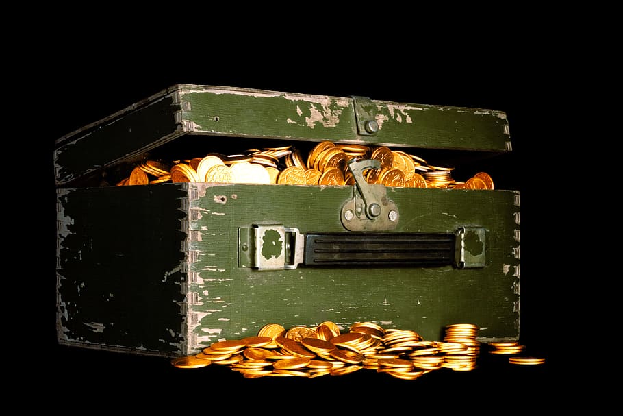 chest, gold, piratic, coin, box, money, object, golden, background, cash
