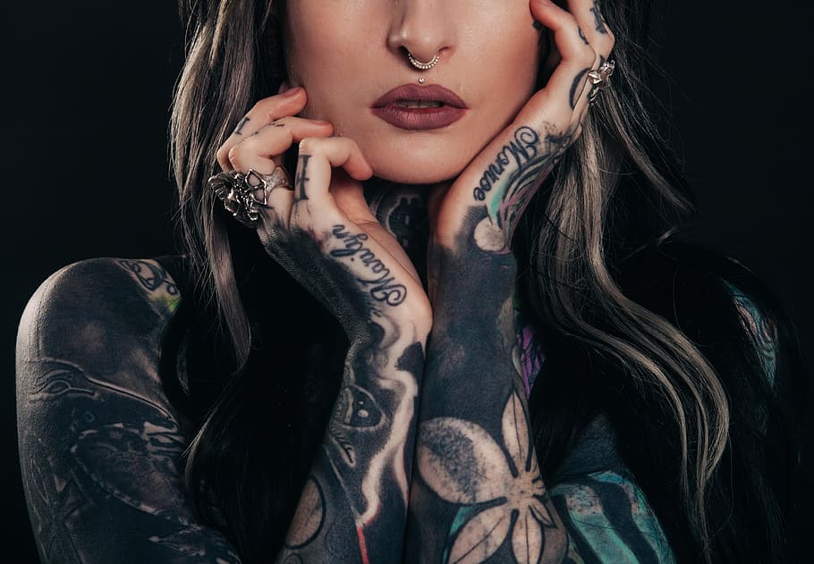 people, girl, body, tattoo, skin, art, ring, earrings, one person, front view