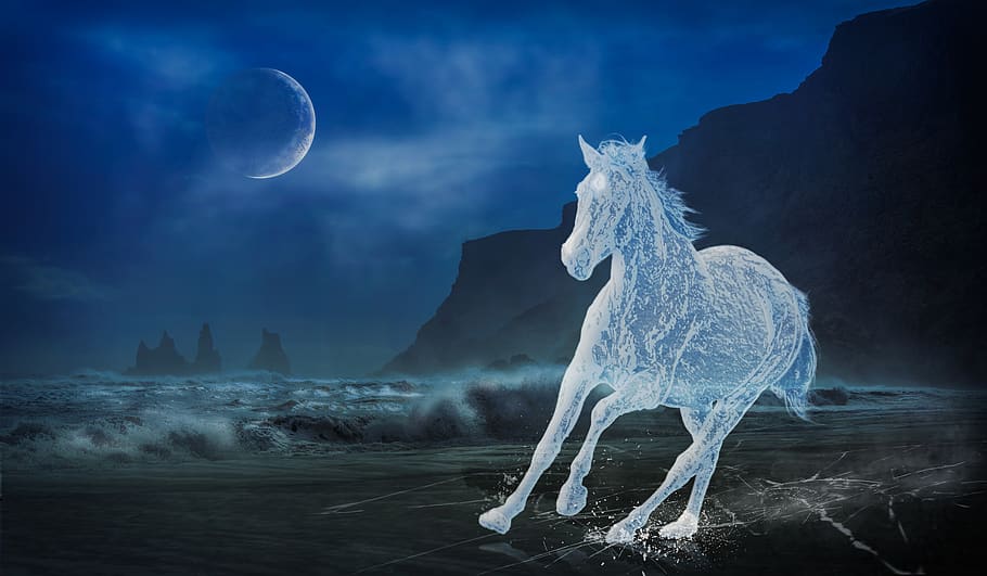 horse, ice, frozen, landscape, dark, fantasy, moon, night, sky, nature