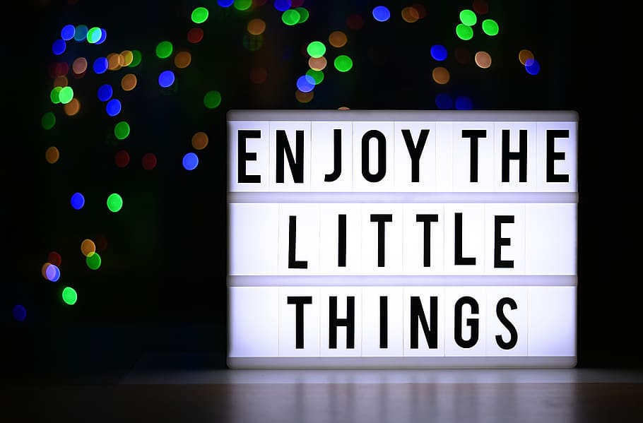 the little things of life, enjoy, gratitude, motivation, courage, saying, live, bokeh, board, text