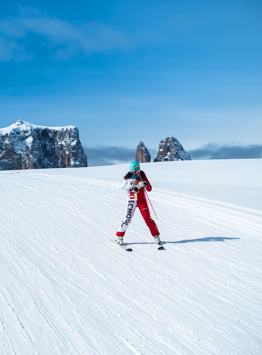 ski school, skiers, snow, mobile phone, winter, runway, ski run, landscape, cold temperature, sport