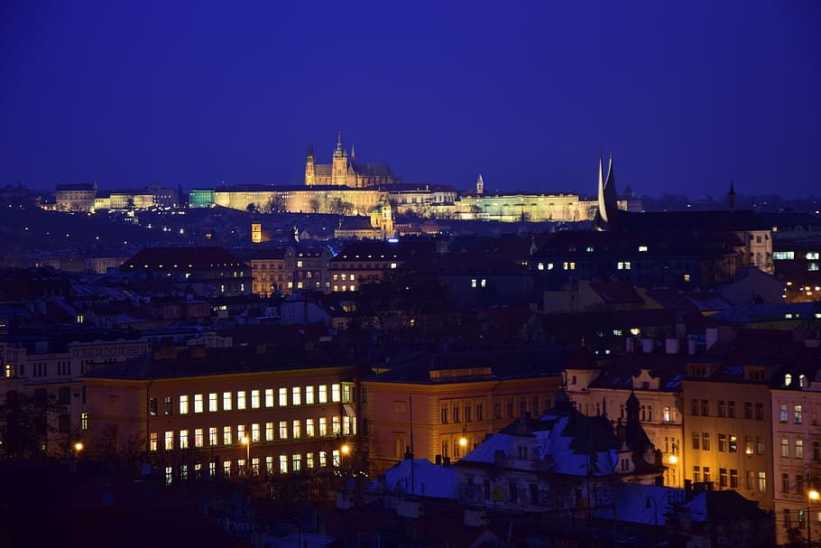 prague, castle, winter, night, lights, medieval, czech republic, building exterior, architecture, city