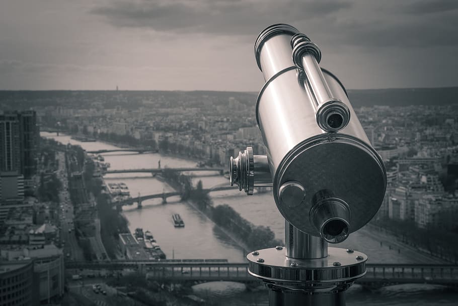telescope, view, city, river, bridge, travel, vacation, buildings, retro, architecture