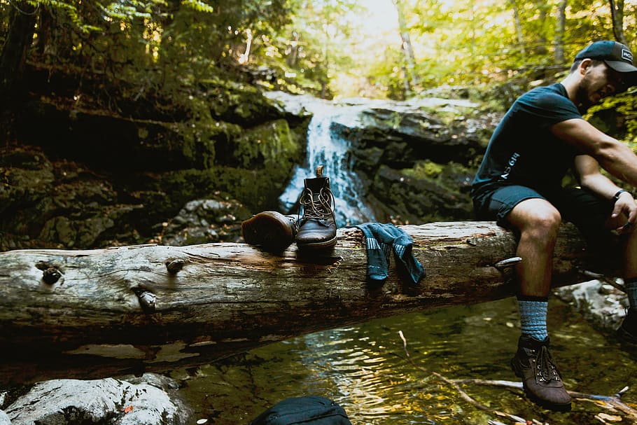 nature, woods, forest, creek, stream, water, boots, socks, people, man